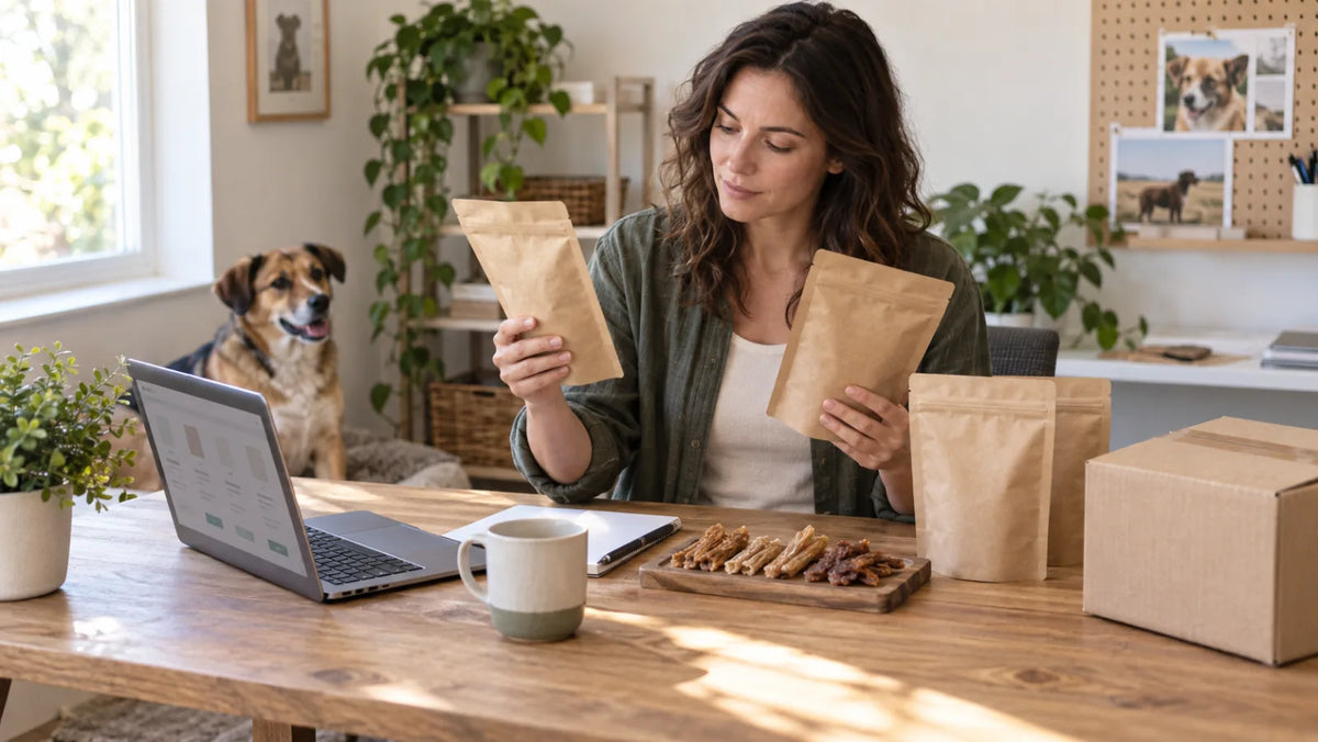 Online pet retailer comparing dog treat samples, blank pouches, and shipping supplies
