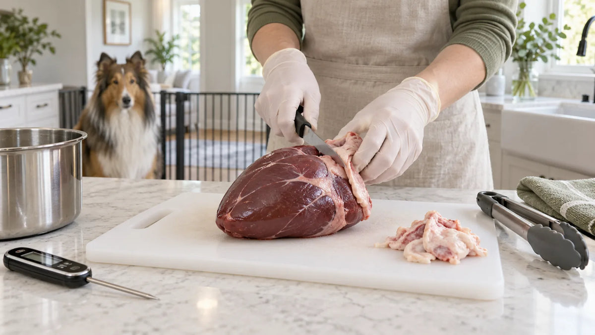 Cook trimming food-grade beef heart on a dedicated board while a Rough Collie waits behind a gate