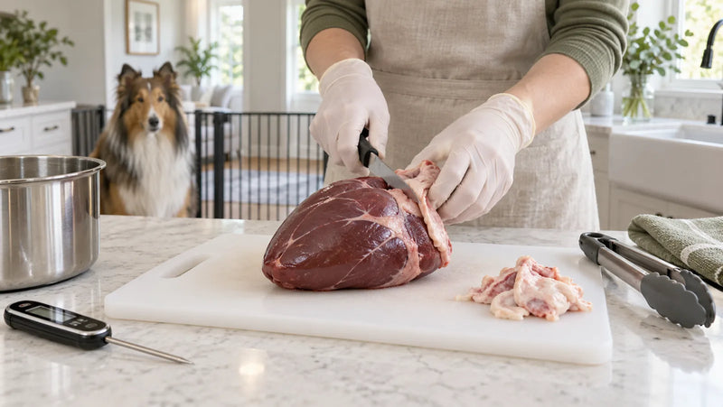 Cook trimming food-grade beef heart on a dedicated board while a Rough Collie waits behind a gate