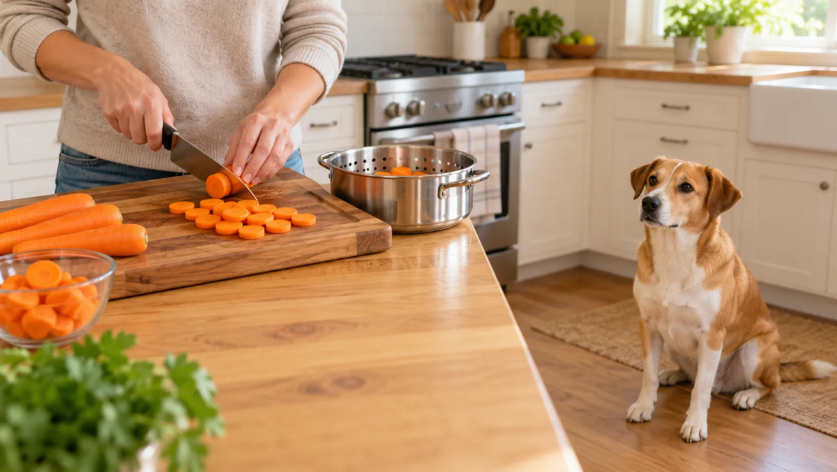 Mixed-breed dog waiting safely while plain carrot coins are prepared beside a kitchen steamer