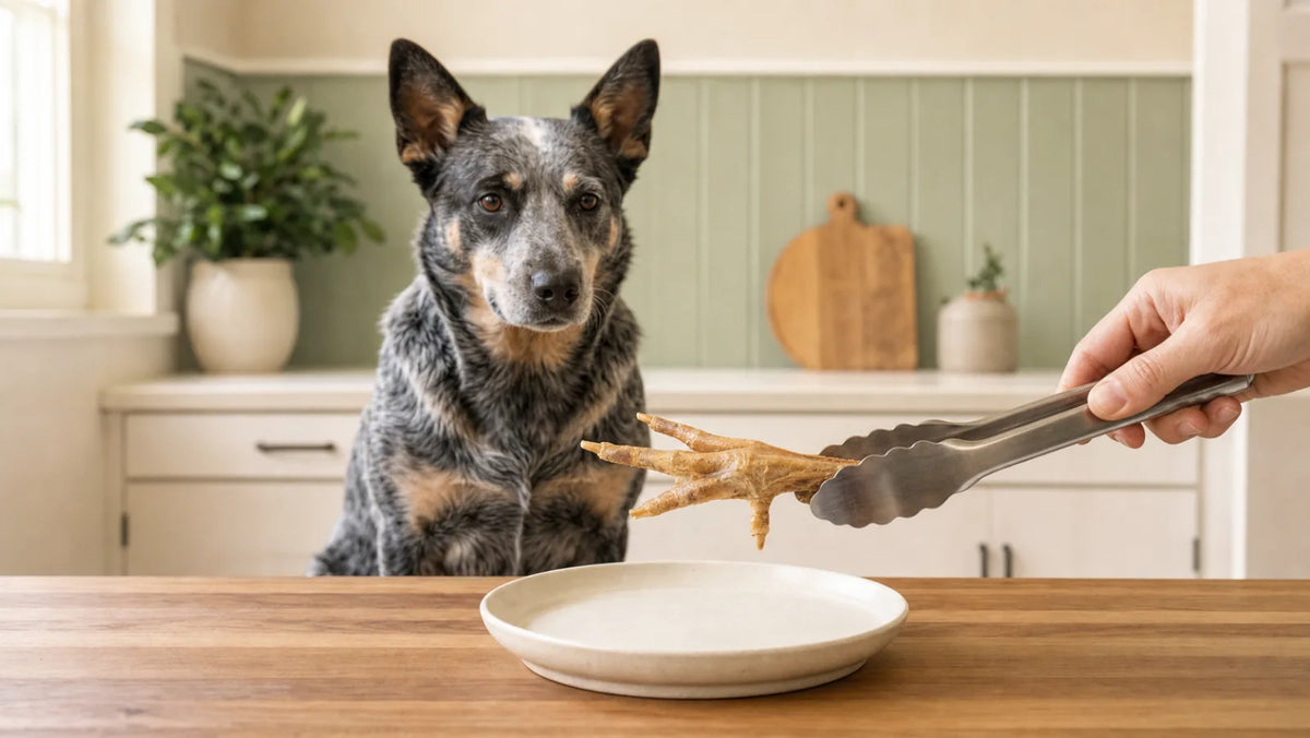 Blue heeler watching a dehydrated chicken foot inspected with tongs