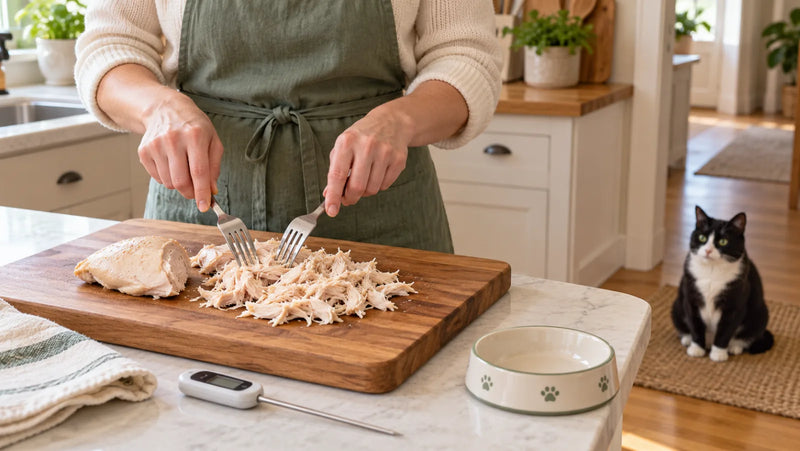 Caregiver shredding plain cooked chicken finely while a cat waits away from the kitchen counter