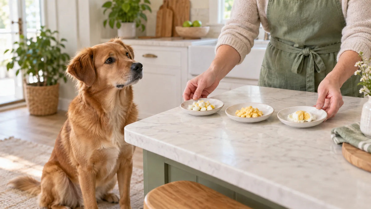 Dog waiting beside three plain fully cooked egg preparations