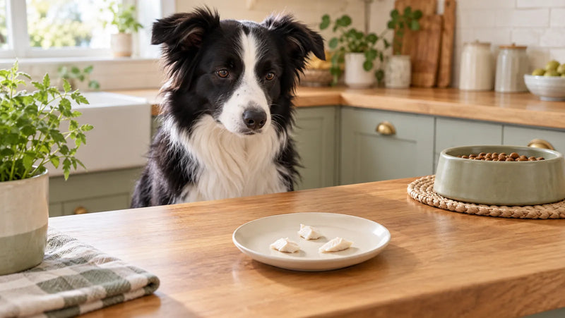 Border collie waiting behind three tiny flakes of plain cooked boneless white fish