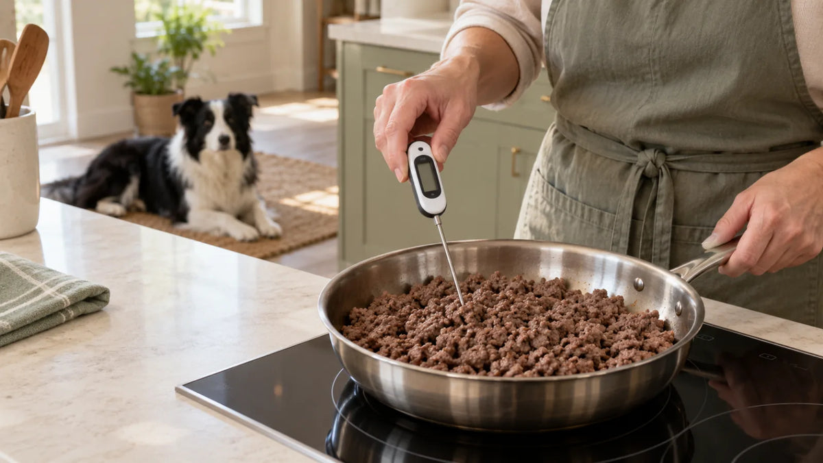 Plain lean ground beef checked with a food thermometer while a Border Collie waits away from the stove