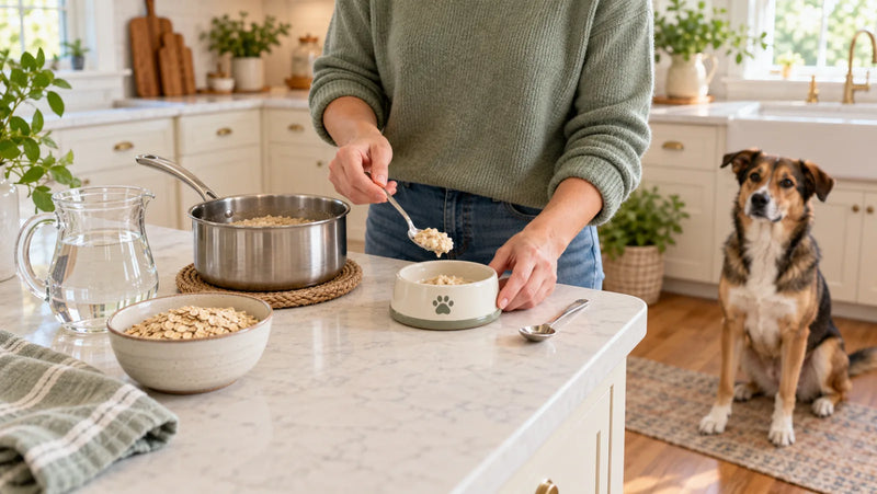 Plain water-cooked oatmeal being portioned for a dog after cooling