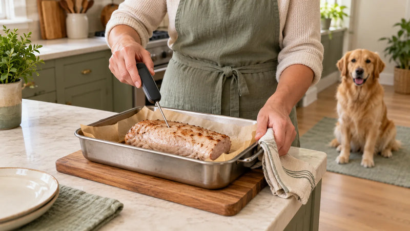 Plain lean pork checked with a food thermometer while a golden retriever waits away from the cooking area