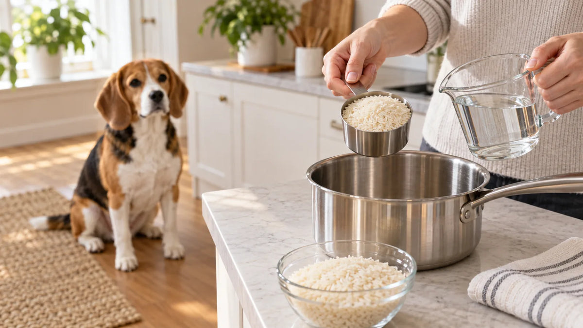 Beagle watching from a safe distance as plain white rice and water are measured beside a saucepan