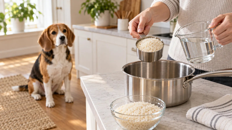 Beagle watching from a safe distance as plain white rice and water are measured beside a saucepan
