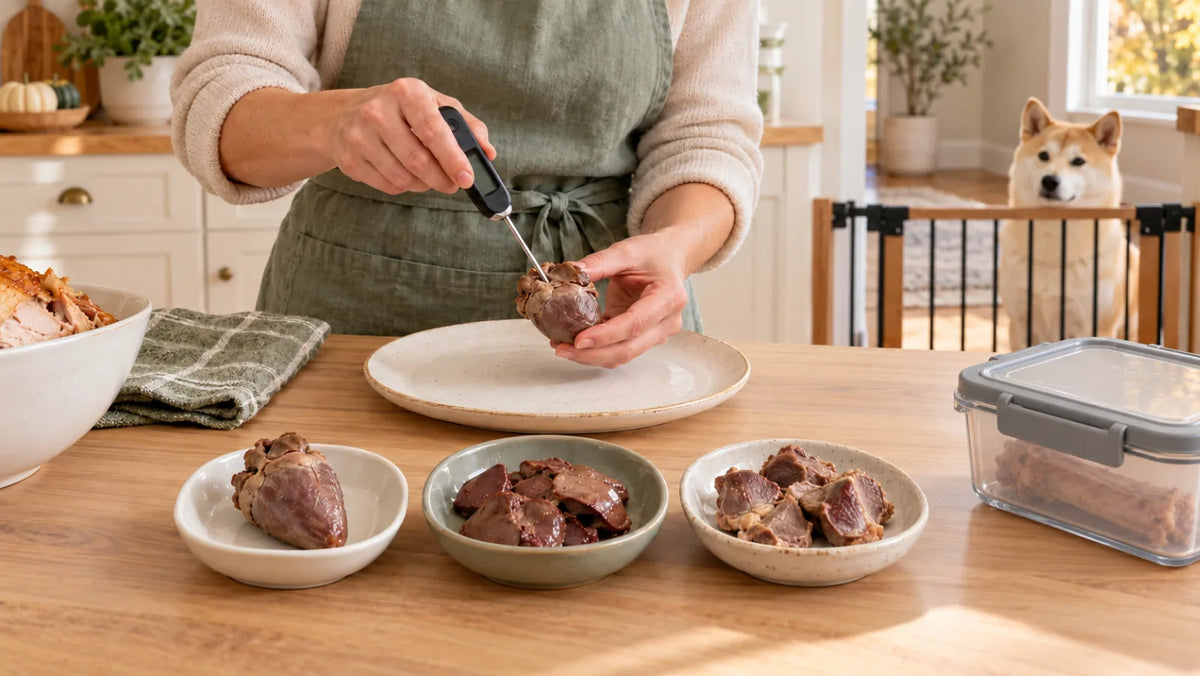 Cook checking plain turkey heart temperature beside separate cooked liver and gizzard while a dog waits behind a gate