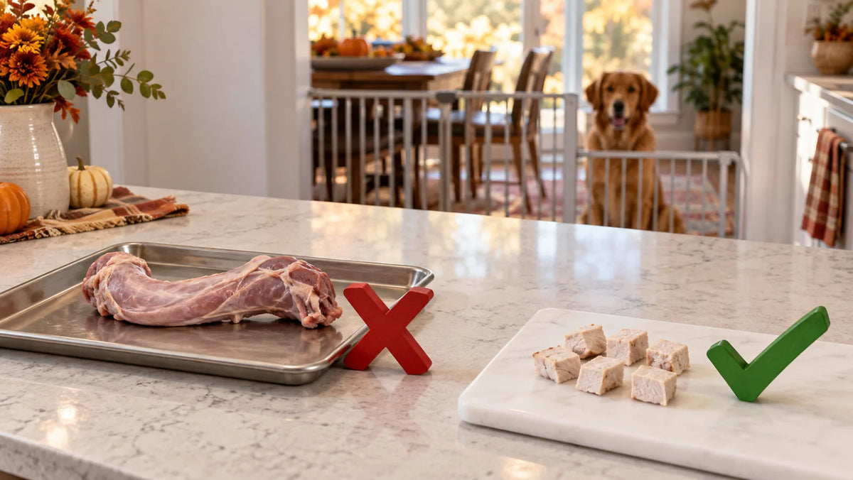 Raw turkey neck kept separate from plain cooked boneless turkey while a dog waits behind a gate