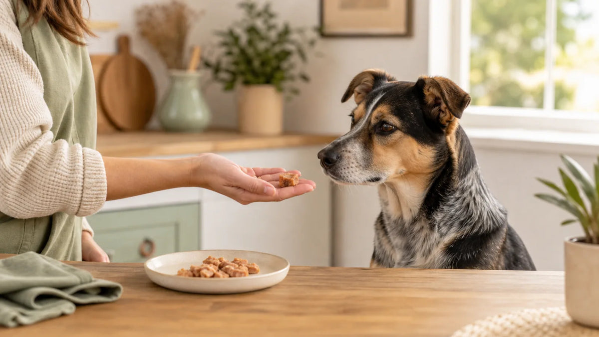Pet parent offering a tiny new treat to a calm dog in a bright kitchen