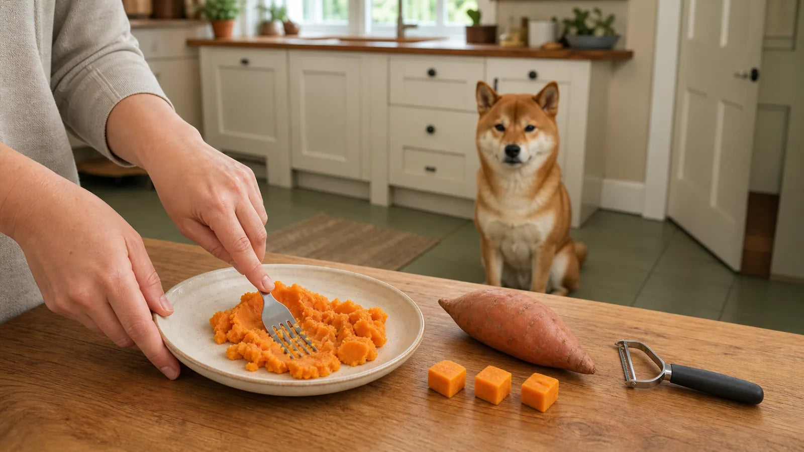 Shiba Inu watching plain cooked sweet potato being mashed with a fork