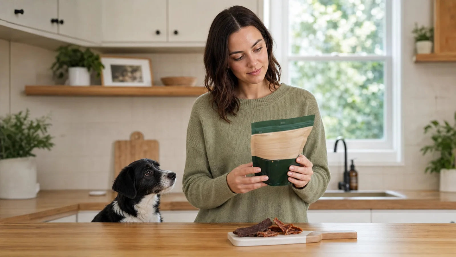 Pet parent reading a dog treat label while a small black and white dog waits nearby