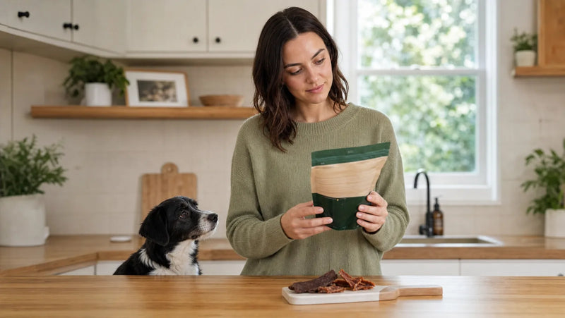 Pet parent reading a dog treat label while a small black and white dog waits nearby