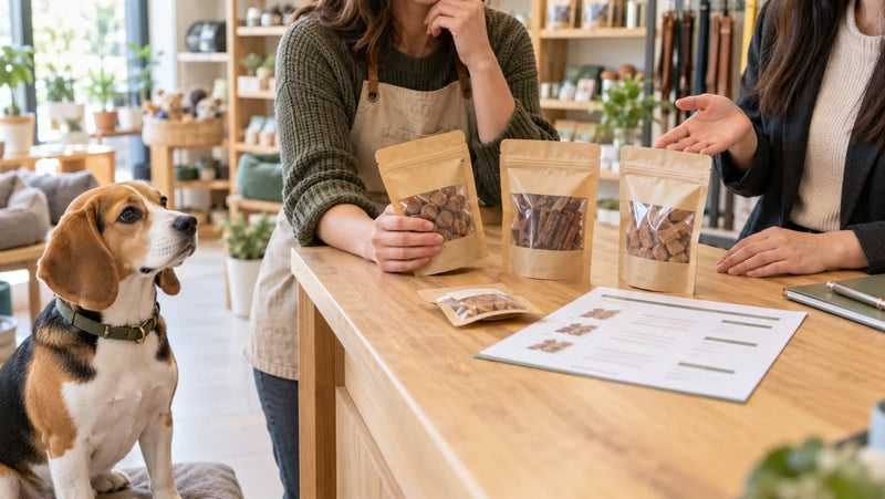 Independent pet-store buyer reviewing sealed dog-treat samples and a line sheet with a supplier