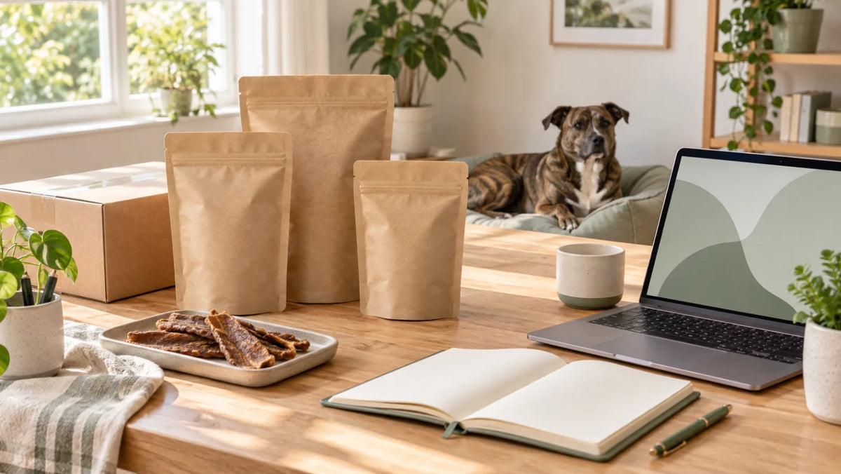 Unbranded dog treat pouches and launch-planning materials in a small business studio