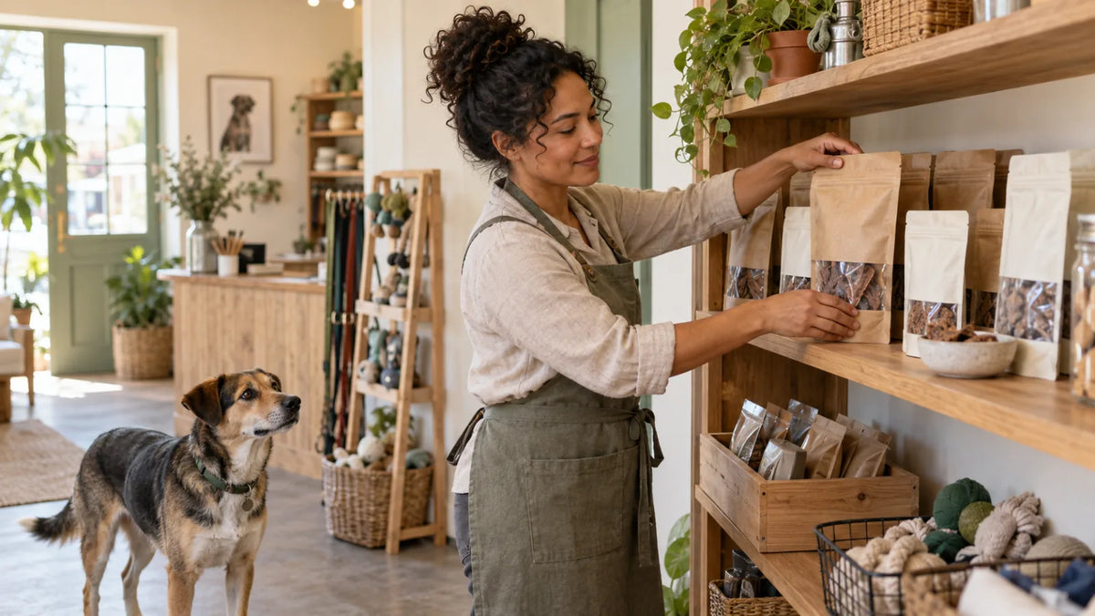 Pet boutique owner arranging unbranded dog treat pouches on a retail shelf