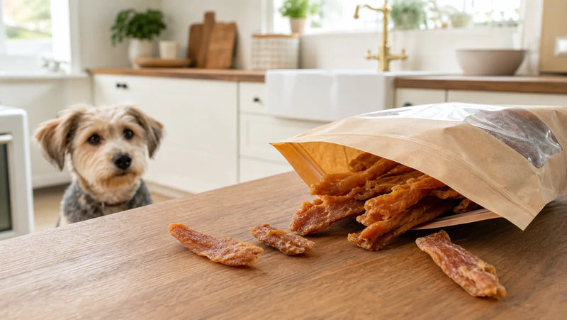 Mixed-breed dog beside a resealable bag of chicken jerky treats on a kitchen counter