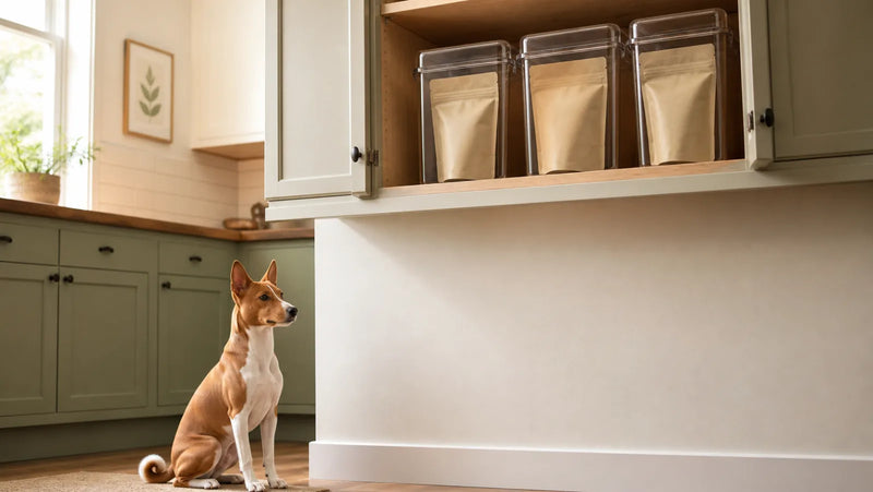 Basenji beside a high pantry shelf with sealed dog-treat bags inside lidded bins