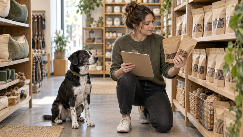 Pet-store buyer comparing replacement dog-treat samples while shelves stay stocked