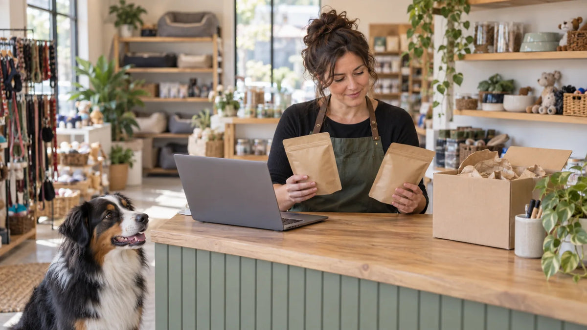 Pet store owner reviewing plain dog treat samples while opening a wholesale account