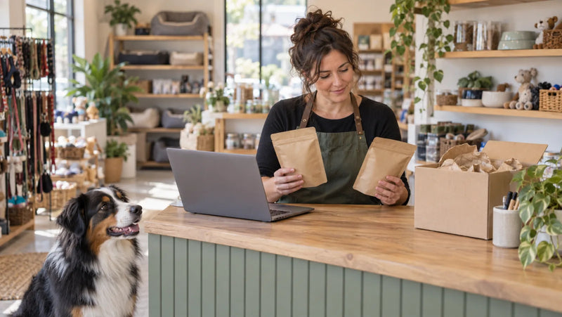 Pet store owner reviewing plain dog treat samples while opening a wholesale account