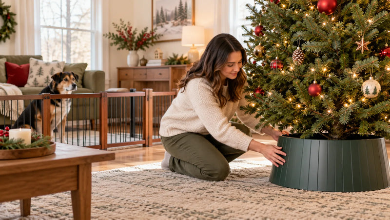 Dog watching while a covered Christmas tree stand is secured out of reach