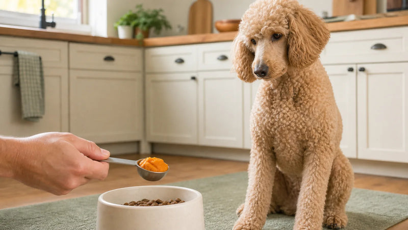 Standard poodle watching a measured spoonful of plain pumpkin added to dog food