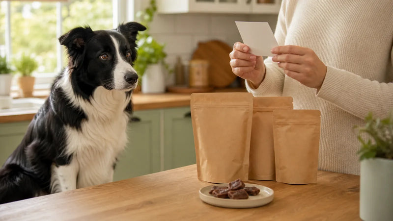Border collie beside simple dog treat packages while an owner compares ingredient labels