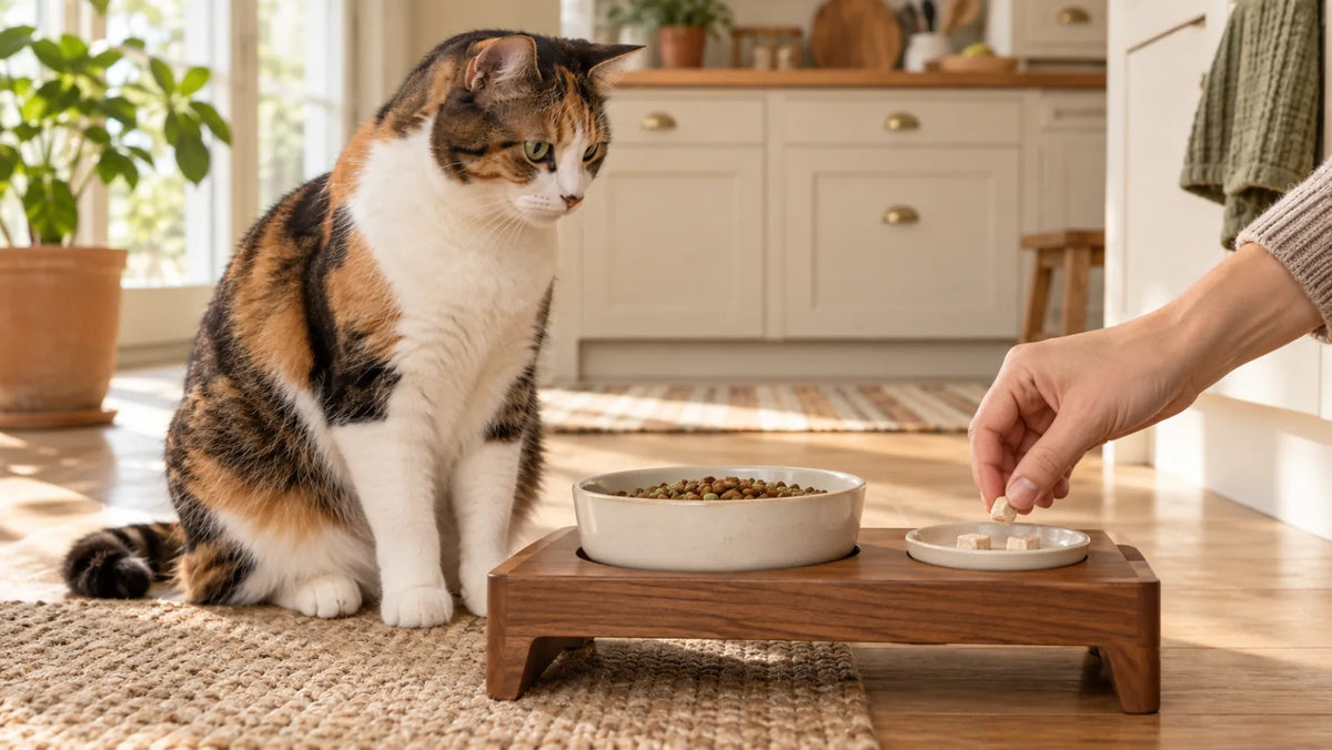 Adult calico cat beside a complete meal and a small saucer of freeze-dried chicken crumbs