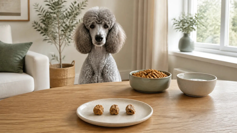 Silver Standard Poodle waiting behind three tiny porous dried lung treats and complete dog food