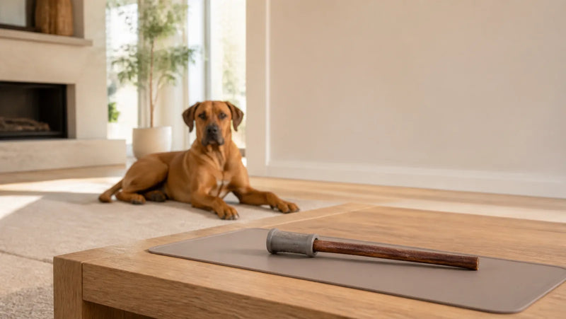 Rhodesian Ridgeback resting away from a bully stick secured in a holder on a washable mat