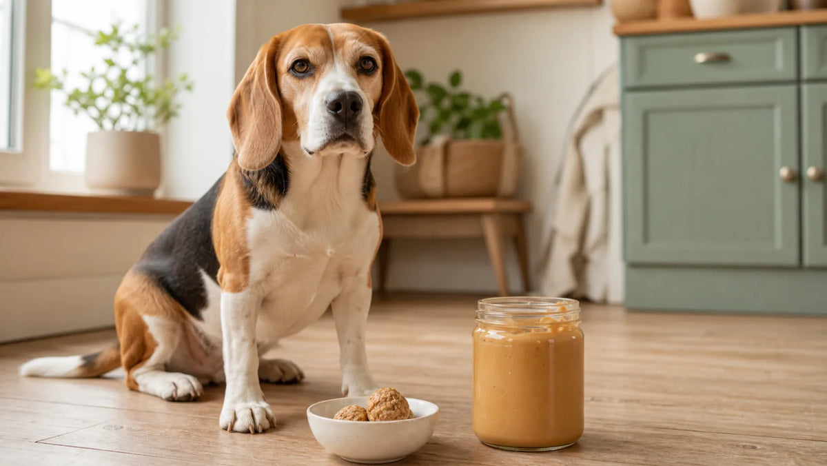 Beagle waiting beside a small bowl of homemade peanut butter oat dog treats