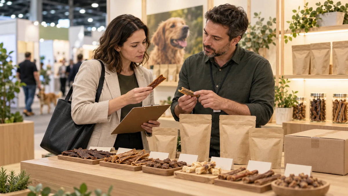 Dog-treat buyer reviewing samples and supplier records at a pet-industry trade-show booth