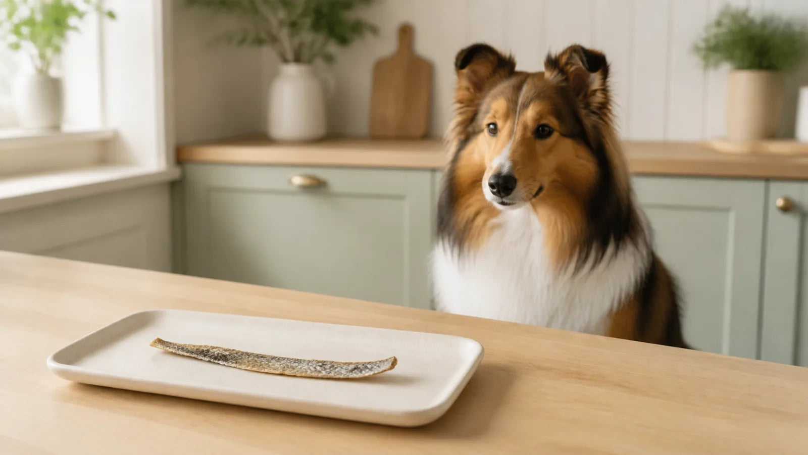 Shetland Sheepdog waiting beside a narrow dried pollock-skin dog treat