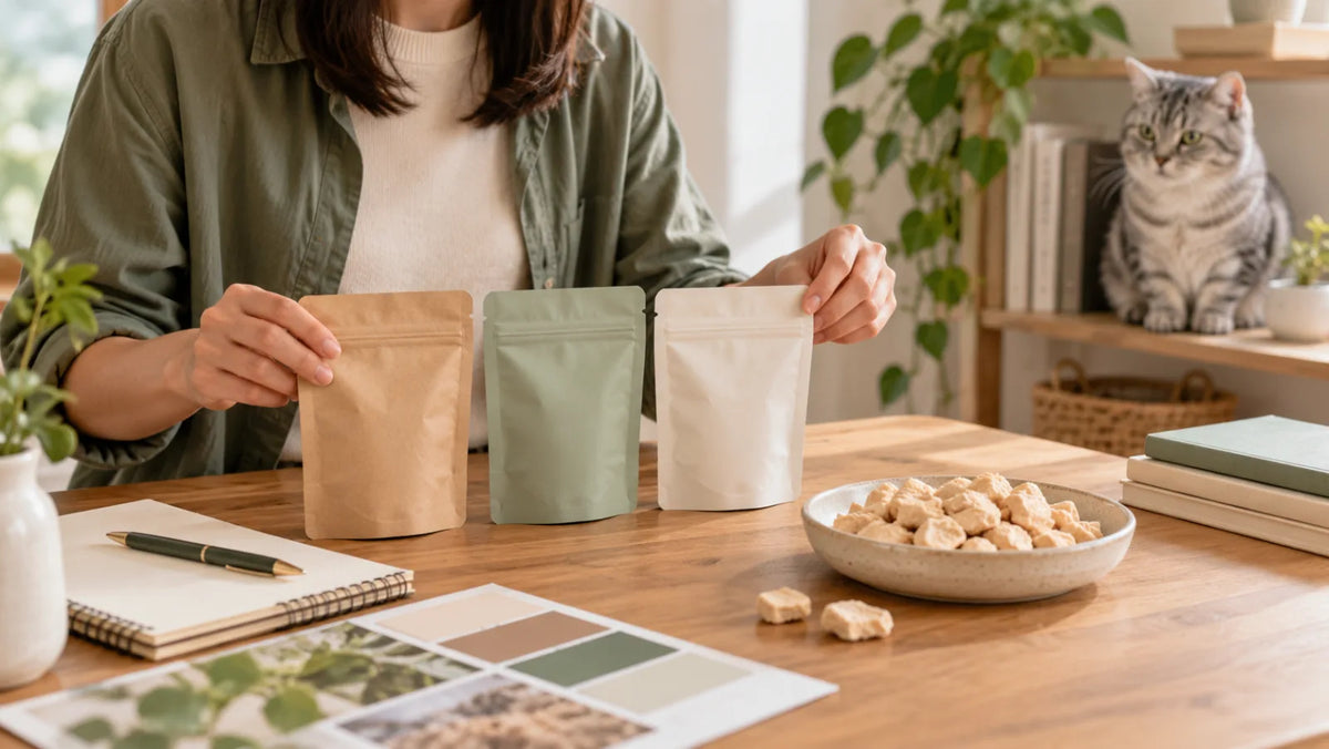 Pet-brand founder comparing small blank pouches for a freeze-dried cat-treat line