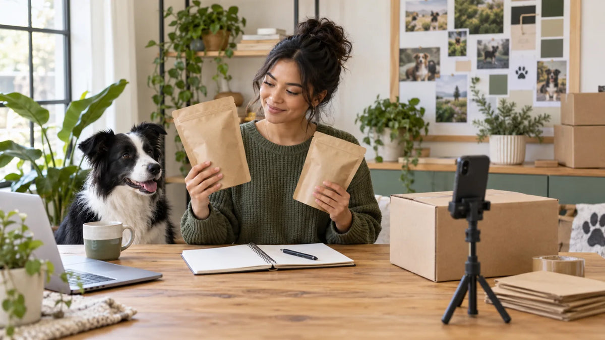 Pet creator planning a private-label dog treat launch with blank pouches, shipping supplies, and a border collie