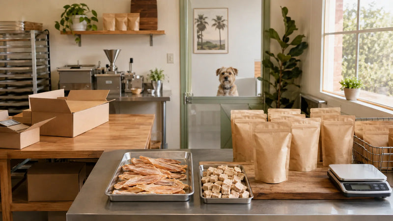 Unbranded private label dog treat pouches and shipping cartons in a clean packing workspace