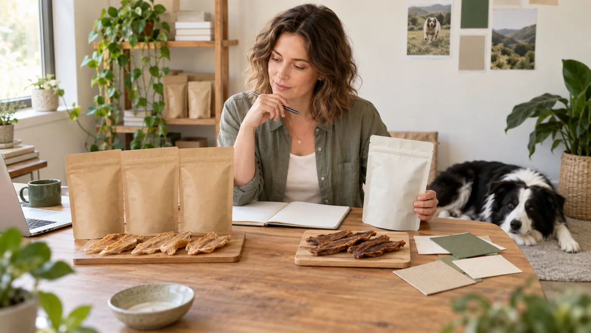 Pet brand founder comparing private-label and white-label dog treat packaging options