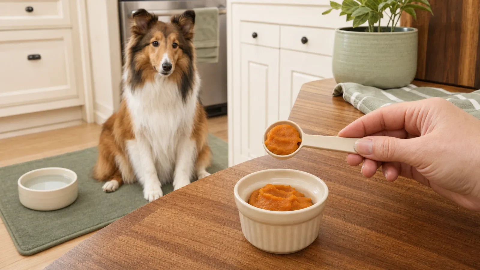 Shetland sheepdog beside water while a teaspoon of plain pumpkin is measured
