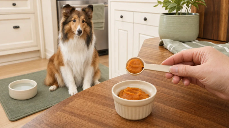 Shetland sheepdog beside water while a teaspoon of plain pumpkin is measured