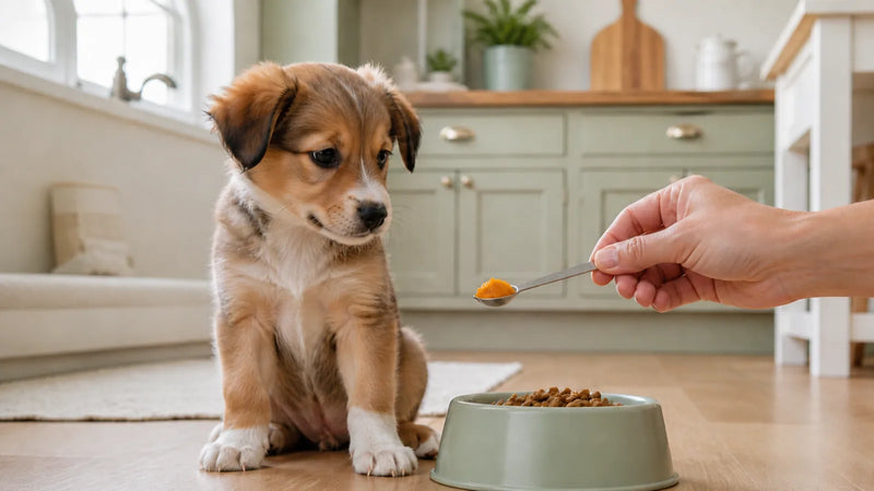 Mixed-breed puppy beside its food while a tiny amount of plain pumpkin is measured