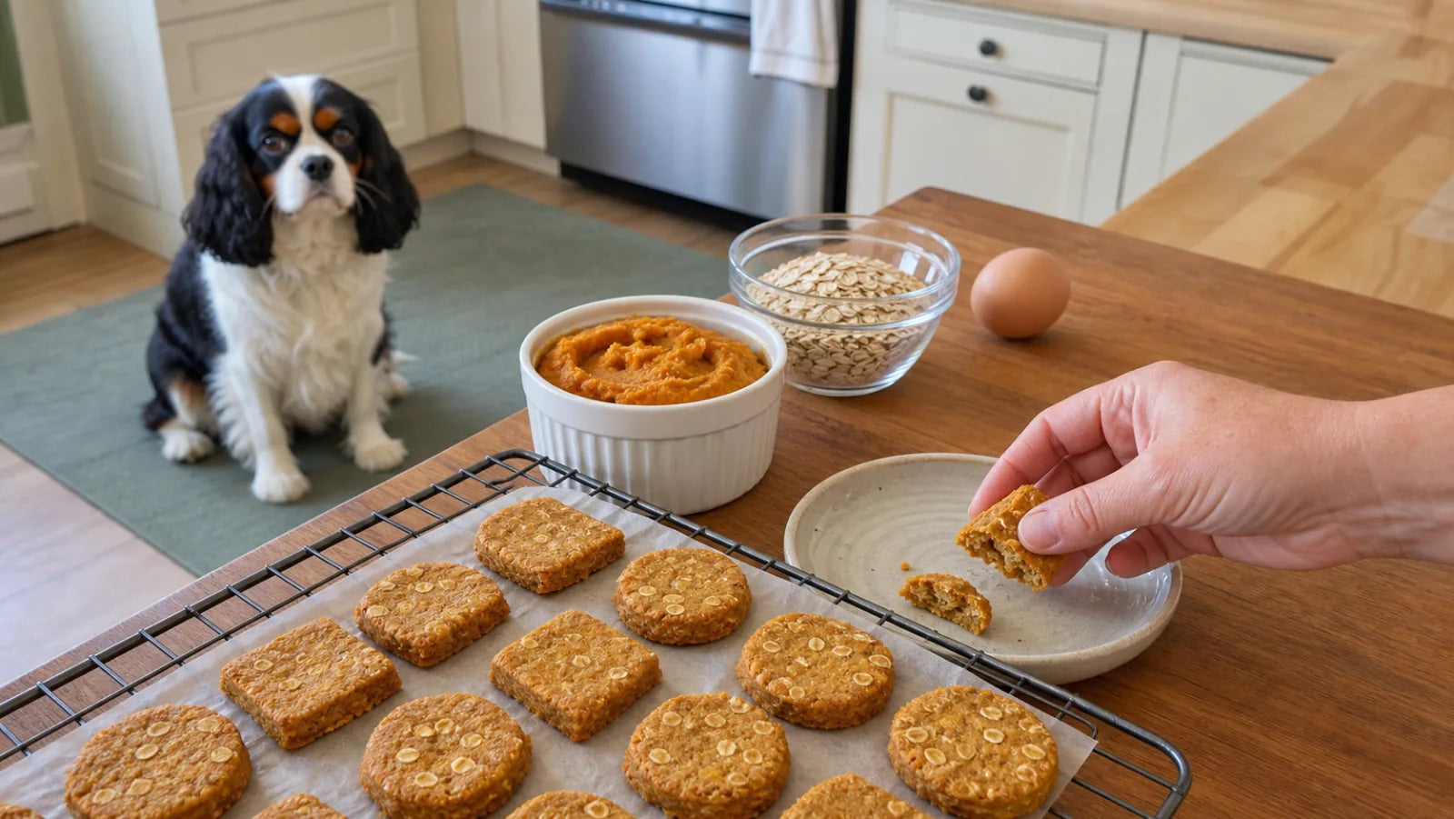 Cavalier spaniel watching small pumpkin oatmeal dog treats cool in a kitchen