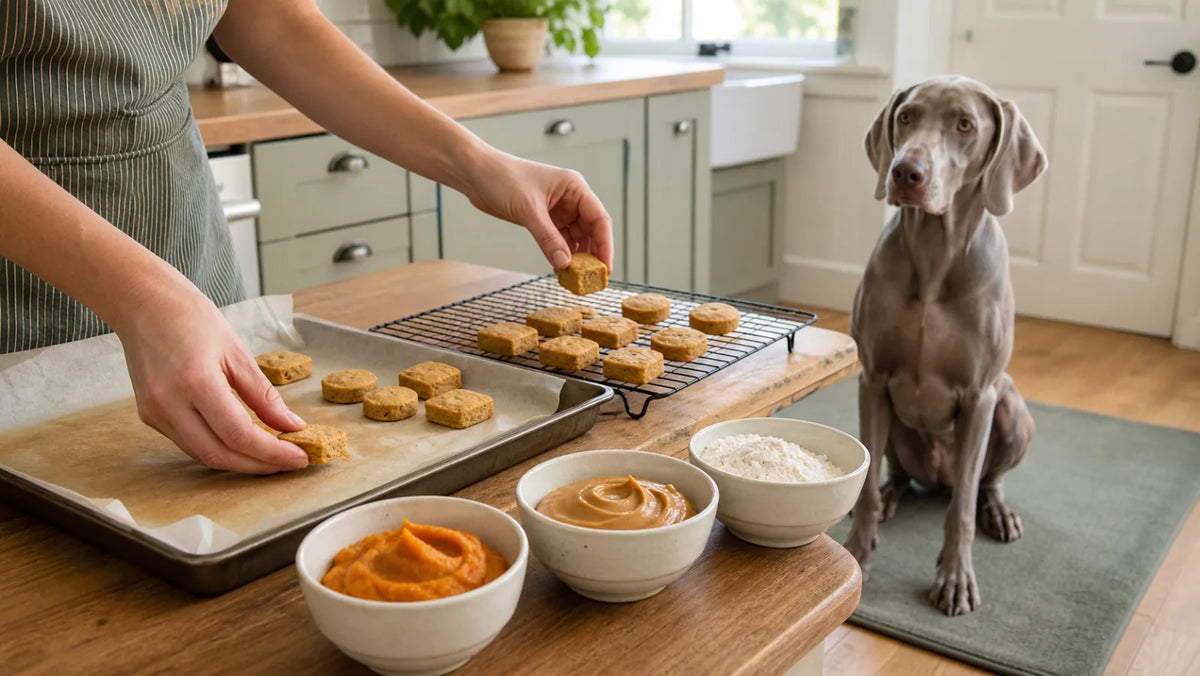 Weimaraner watching pumpkin peanut butter dog biscuits cool in a kitchen