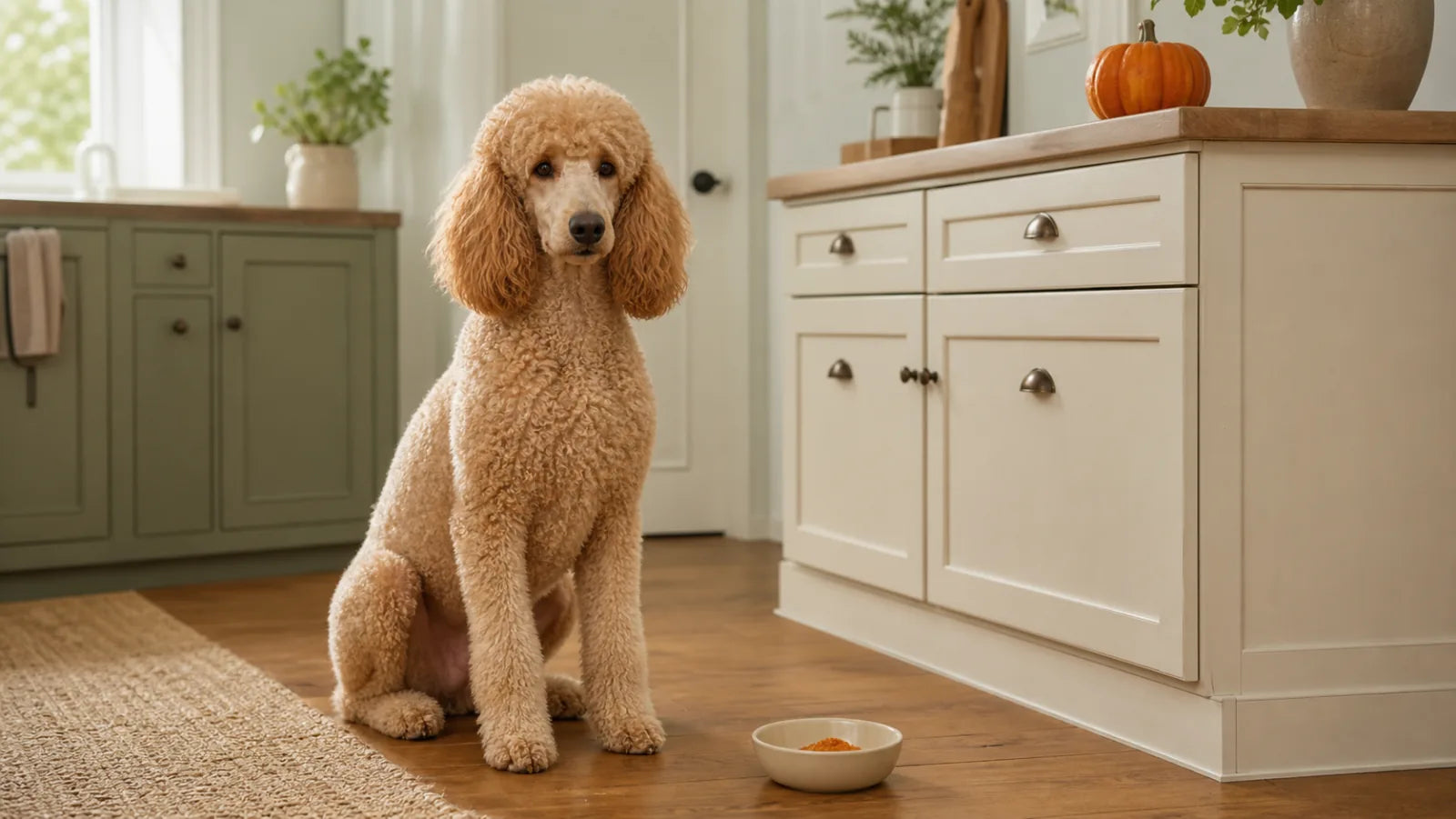 Apricot standard poodle beside a small dish of plain pumpkin puree