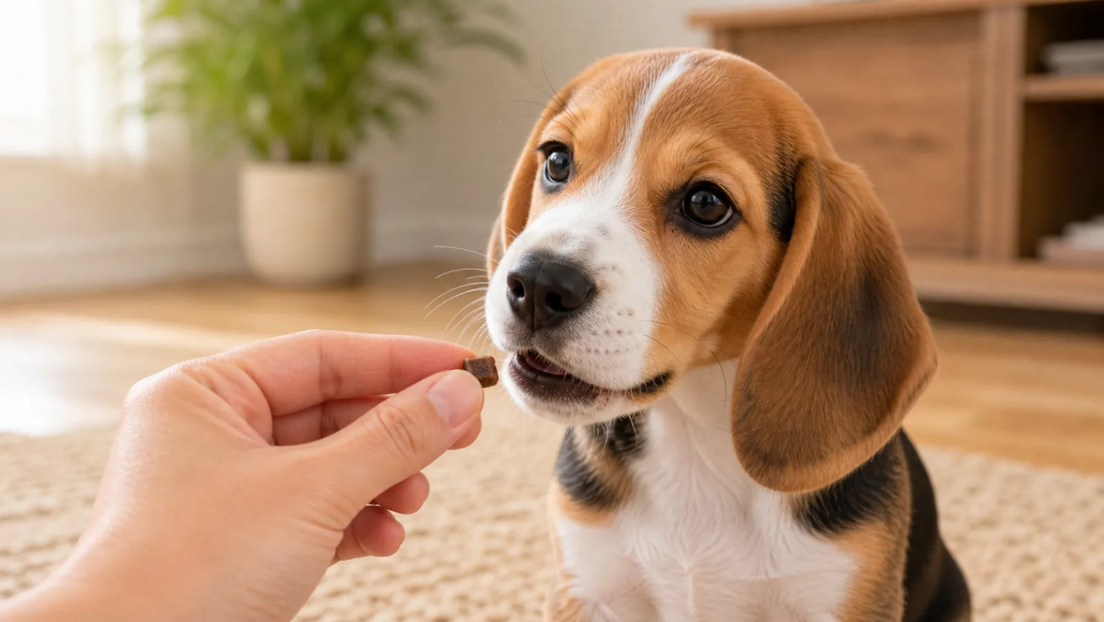 Beagle puppy taking a small soft training treat from a hand