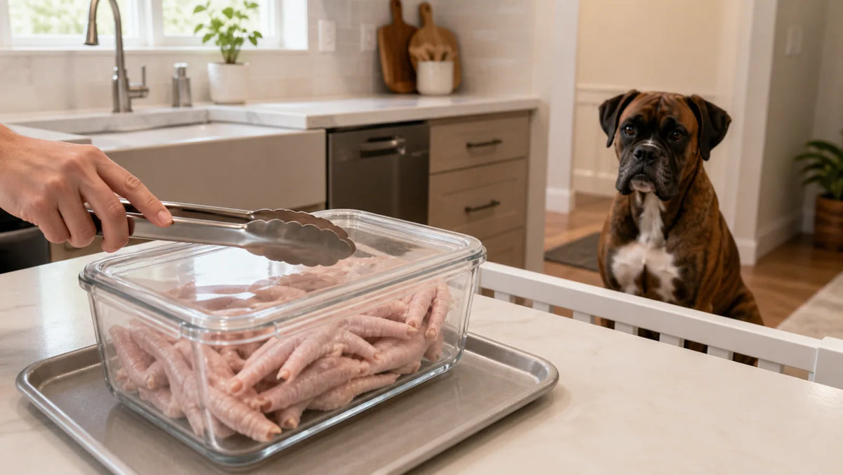 Brindle Boxer waiting outside a contained raw chicken-feet preparation area