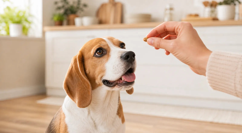 A beagle being handed a simple wholesome treat in a bright kitchen