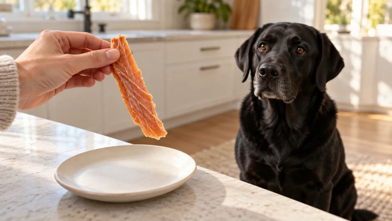 Black Labrador waiting while a person holds one plain salmon jerky strip above a clean plate